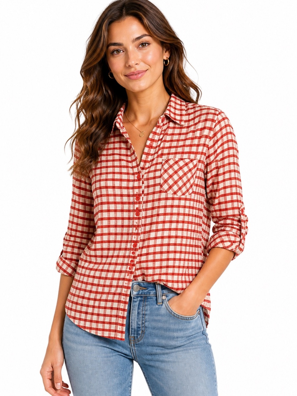 Forever 21 Red White Plaid Button Down Shirt Small Petite SP